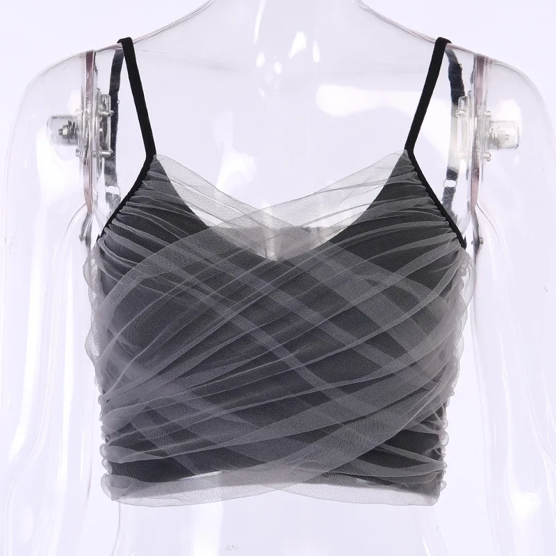

Sexy Romantic Chic Crop Top 2020 New Overlapping Yarn Small Camisole Summer was Thin Short Tops Women Exposed Navel Tank Top
