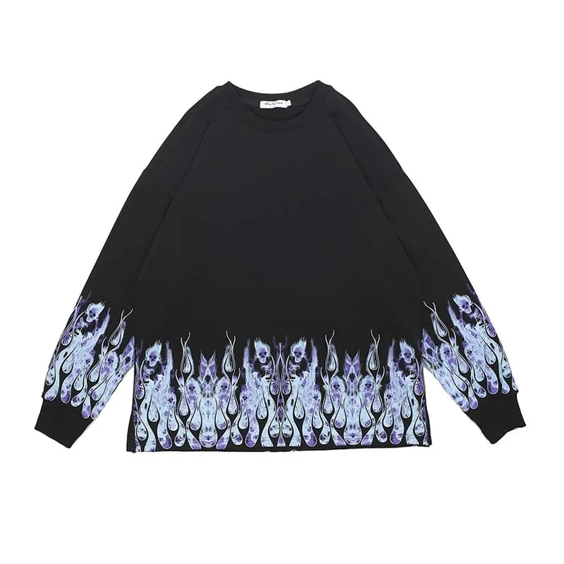 

Men Hip Hop Long Sleeve T-shirt Skulls Blue Flame Print T Shirts Cotton Oversize Casual Pullover Couple Streetwear Autumn Winter