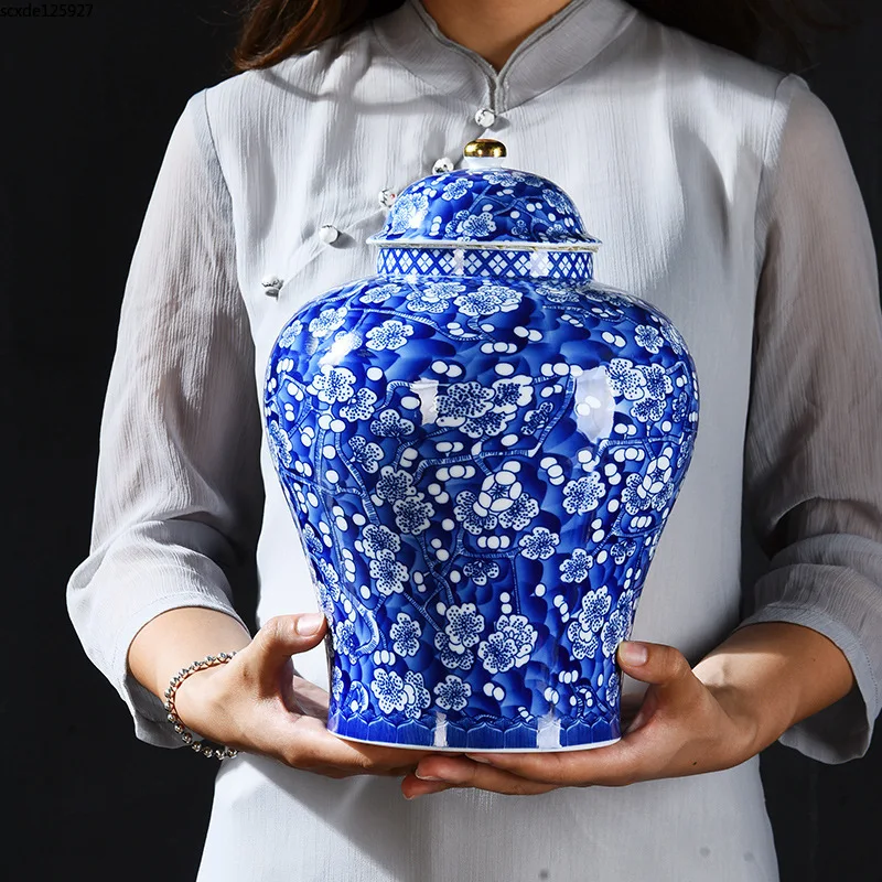 

Creative Blue and White Porcelain Tea Caddy Large Candy Dried Fruit Sealed Storage Jar Plum Blossom General Jar Home Decoration