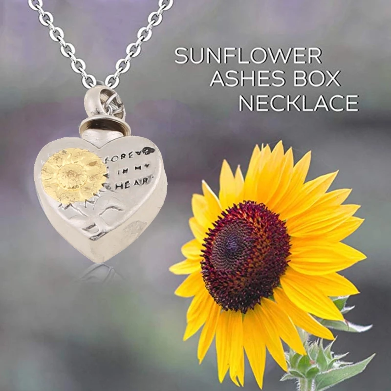 

Sunflower Heart Shape Cremation Urn Necklace for ashes Charm Pendant Foreve Love in My Heart Memorial Pendant Jewelry