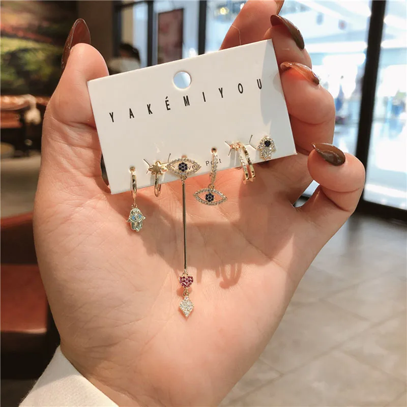 

New 6-Pcs set of inlaid color zircon eyes Heart earrings ear bones creative design ears loops ear lines Hoop Earrings wholesale