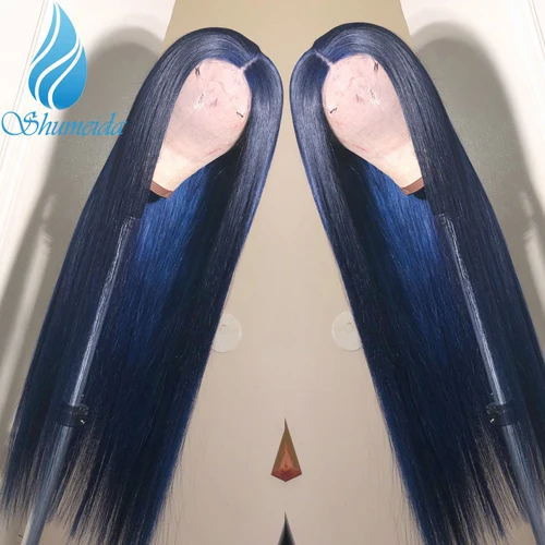 blue wig SHD 13*3 индийские человеческие волосы парик для женщин темно-синие кружевные передние парики с детскими волосами Длинные прямые волосы бесклеевой кружевной парик remy Волосы - Цвет: blue wig