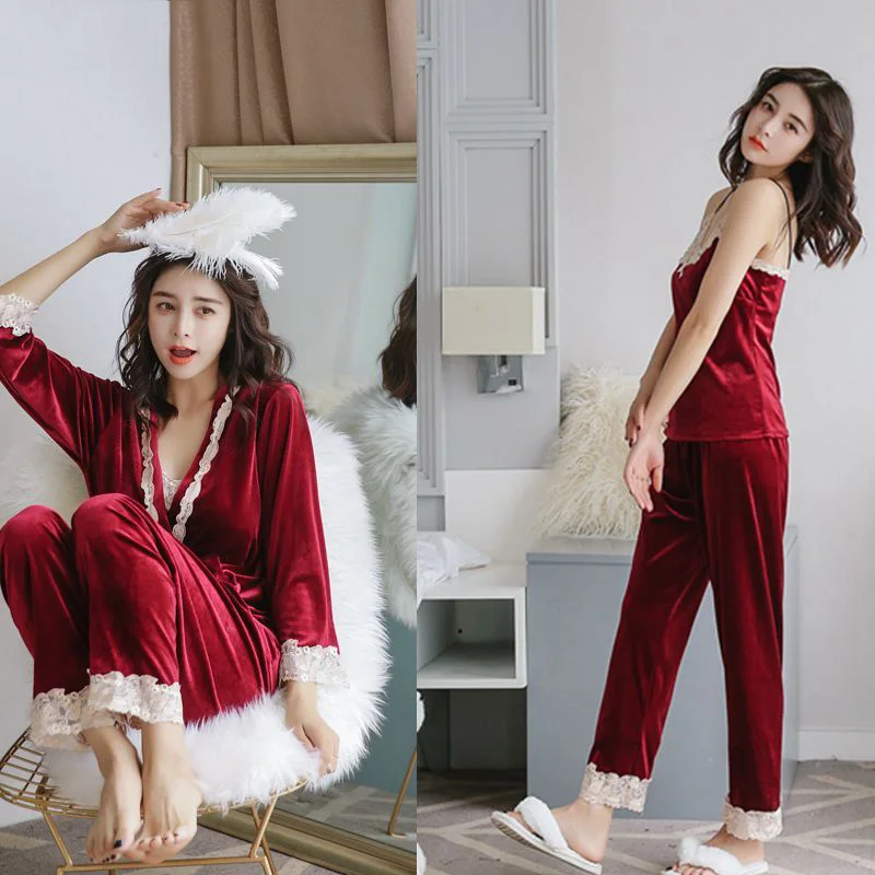 Пижамный комплект женский модный кружевной с длинным рукавом в стиле пэчворк