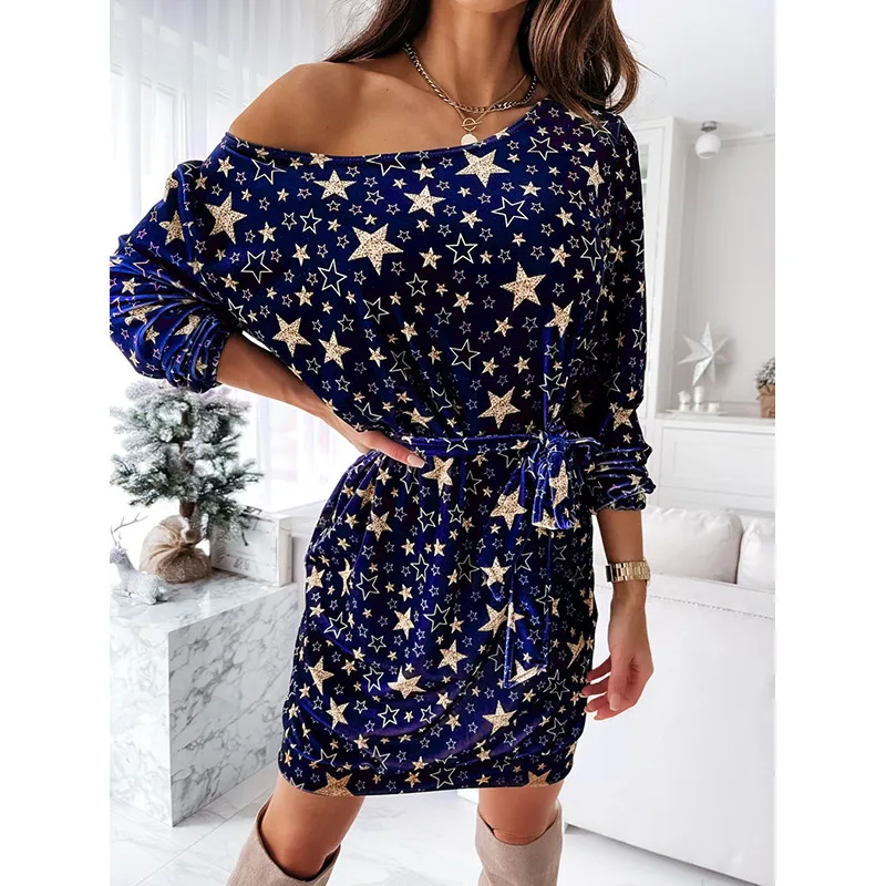 

2021 Spring Autumn Women Sexy One Shoulder Mini Dress Party Kawaii Stars Printed Full 3XL Oversized Feamle Clubwear Sashes GV966