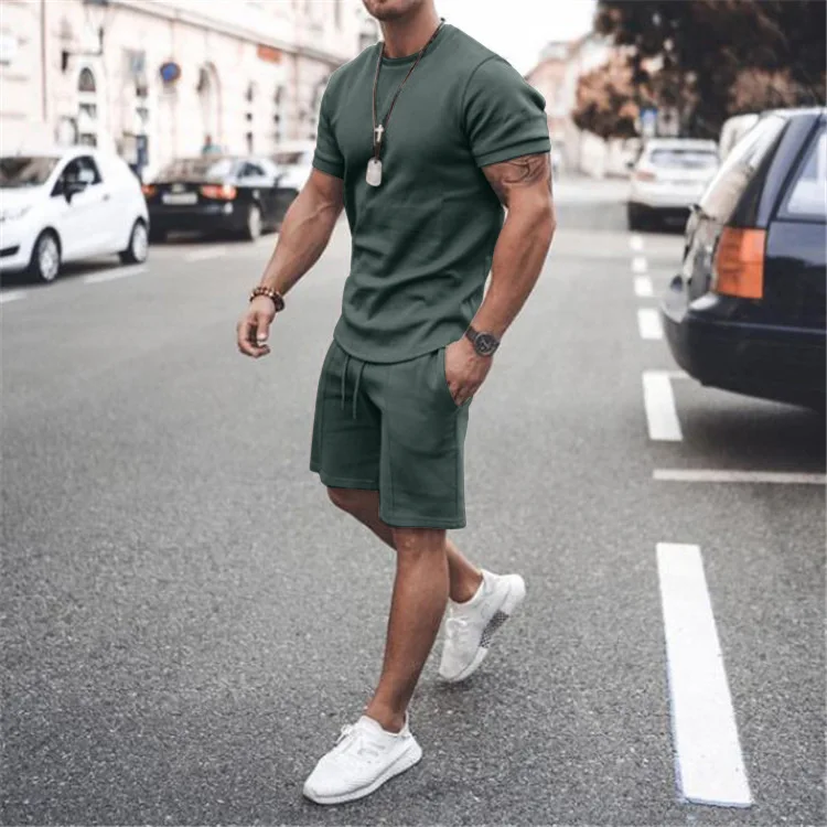 

2021 Summer New Men Casual Shorts Sets Short Sleeve T Shirt +Shorts Solid Male Tracksuit Set Men's Brand Clothing 2 Pieces Sets