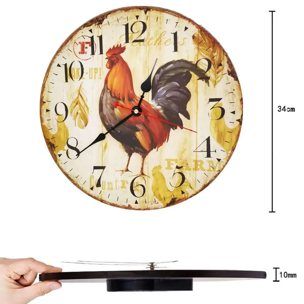 Ретро деревянный настенный Clock 34cm петух кварцевый тихий большой винтажный