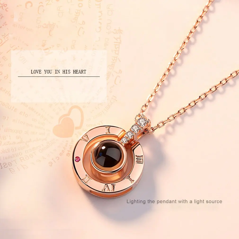 Розовое золото и серебро женское креативное ожерелье с проекцией на 100 языках