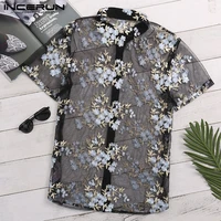 incerun fashion mens shirt short sleeve flower embroidered mesh sexy shirt men see through slim transparent lace shirt tops