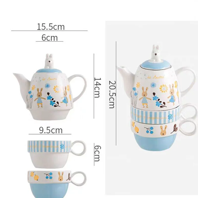 Мультяшный чайный набор один чайник и две чашки керамический для