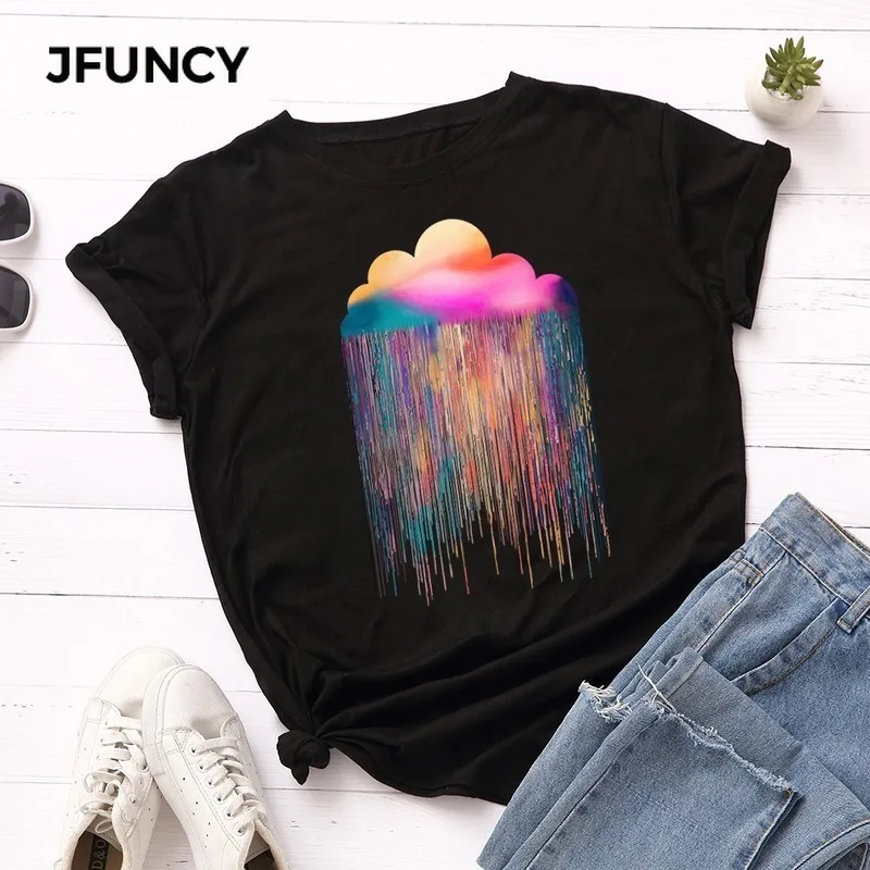 JFUNCY  Summer T Shirt Women Colorful Rain Cloud T-Shirt Short Sleeve Cotton Woman Shirts Girl Tee Tops Female Tshirt