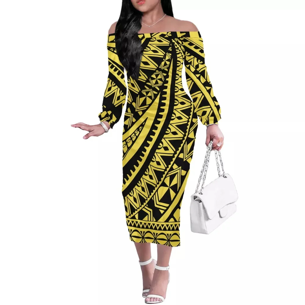 

HYCOOL Polynesian Tribal Off Shoulder Long Sleeve Bodycon Dress Women Bohemian Style Beach Holiday Pleated Dresses Slash Neck