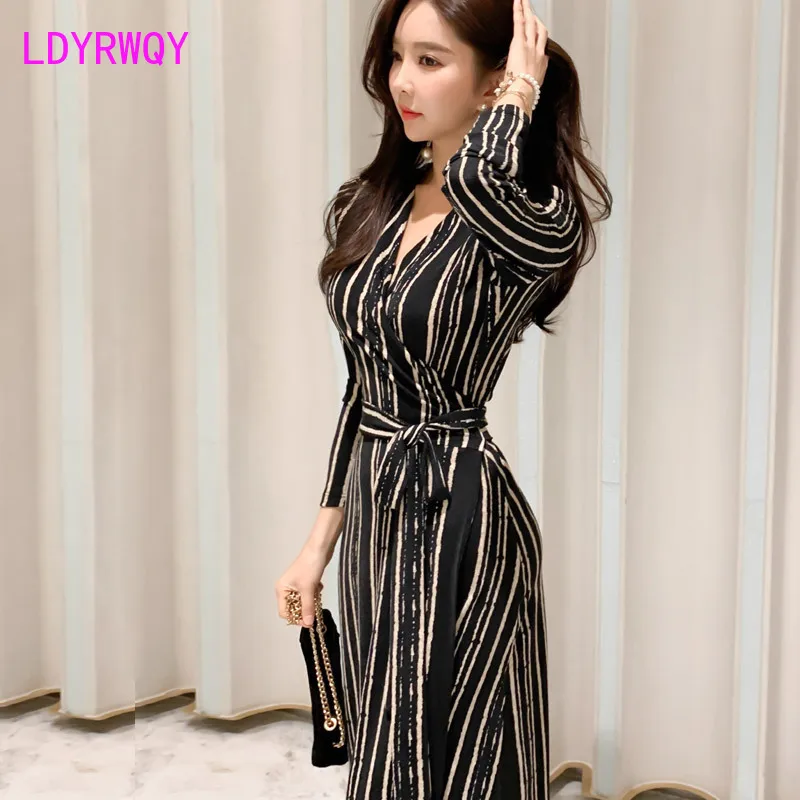 

Spring New Korean Temperament V-neck Slim Bottoming Fashion Lace Waist Stripe Dress Knee-Length Office Lady