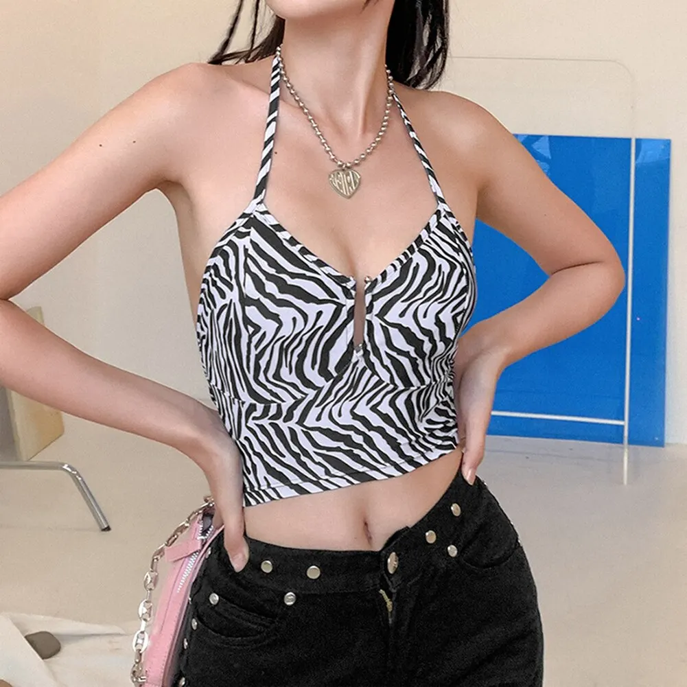 Пикантный жилет с принтом зебры Женская майка вышивкой на шее лямкой открытым