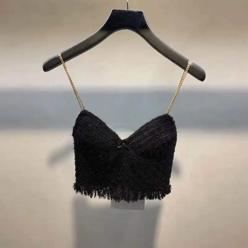 

[DEAT] New Small Fragrance Gold Chain Suspender Top For Women Strapless Solid Black Vest Female Y2k Clothes 2021 Summer GX1185