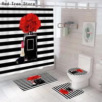 Luxury Perfume Bottle Flowers Shower Curtain 4pcs Set Custom Hooks Hanging Curtains Printed Bathroom Waterproof Cover Screen