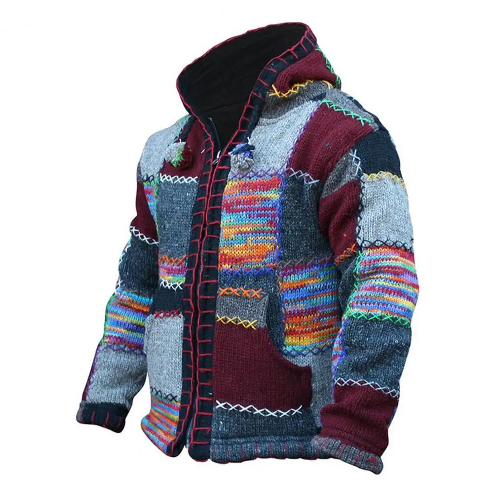 

Men's casual knitted coat jacket long-sleeved ethnic color block cotton blended with pockets men's daily outdoor hooded jackets