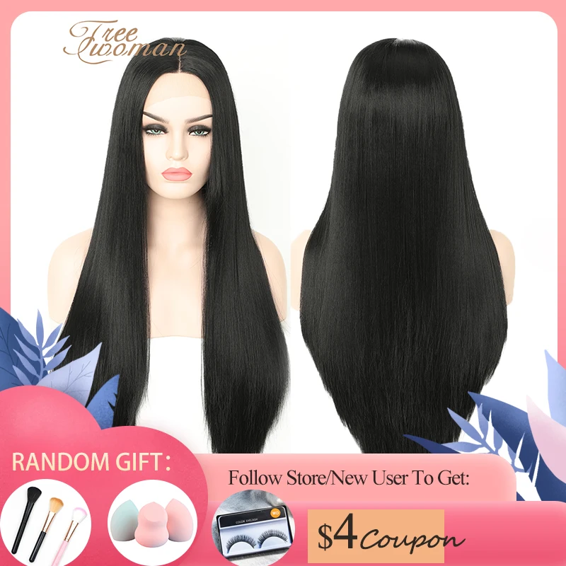 FREEWOMAN черный длинный прямой синтетический кружевной передний парик для женщин