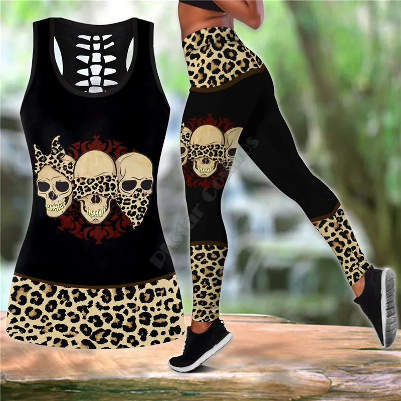 

Skull Combo Outfit Leggings and Hollow out Tank Top Suit Yoga Fitness Soft Legging Summer Women For Girl