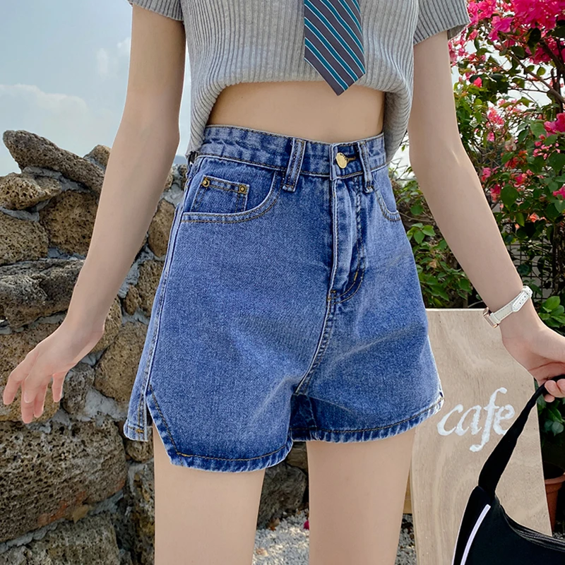 

Fitaylor New Spring Summer Women Vintage Loose Split Blue Denim Shorts Streetwear Female Wide Leg Retro Ladies Jeans Shorts