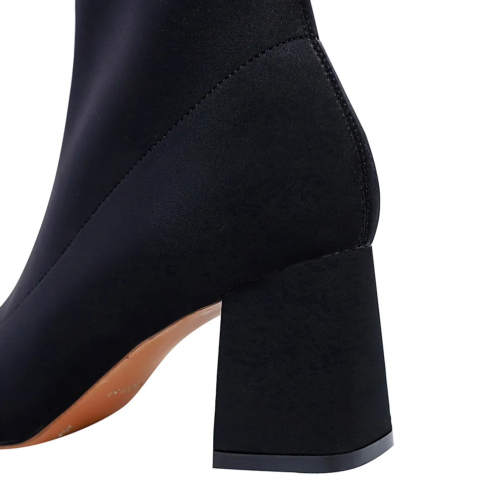 

2020 Women 6.5cm High Heels Boots Stretch Plush Ankle Boots Sexy Cheap Boots Fetish Square Block Low Heels Quality Autumn Shoes
