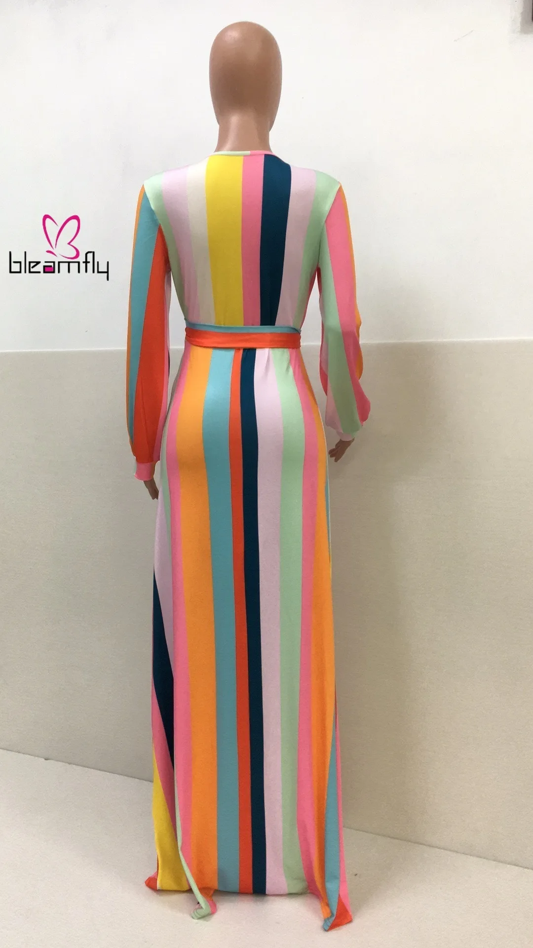 2019 женское осеннее платье макси с v образным вырезом и длинным рукавом в радужную