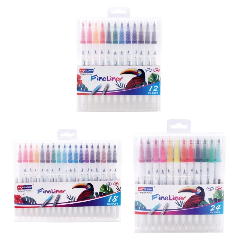 

12/18/24Pcs Assorted Colors Dual Tip Flexible Color Brush Fineliner Tips Pen Watercolor Markers Set Stationery Supplies