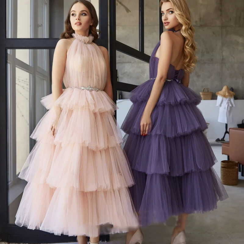 

2021 New Arrival Short Blush Prom Party Dresses Mid Calf Length Sleeveless High Collar Wedding Guest Gowns Back Out Tiered Skirt