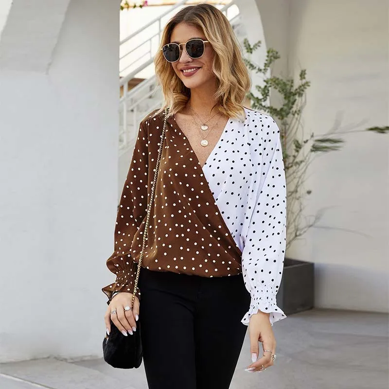 Женская шифоновая блузка в горошек свободная женская с длинным рукавом и v