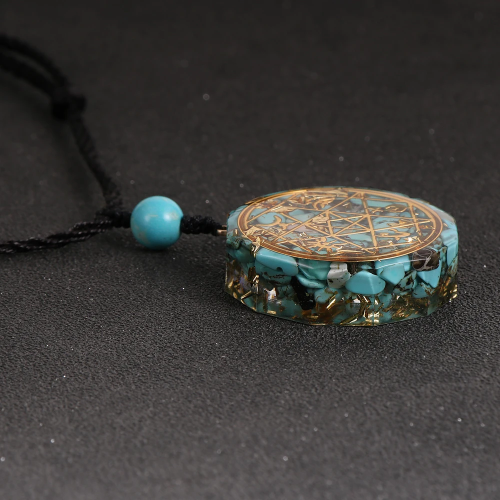 Круглый массивный Кристалл Смола Orgone кулон ожерелье для женщин чип камень бирюза