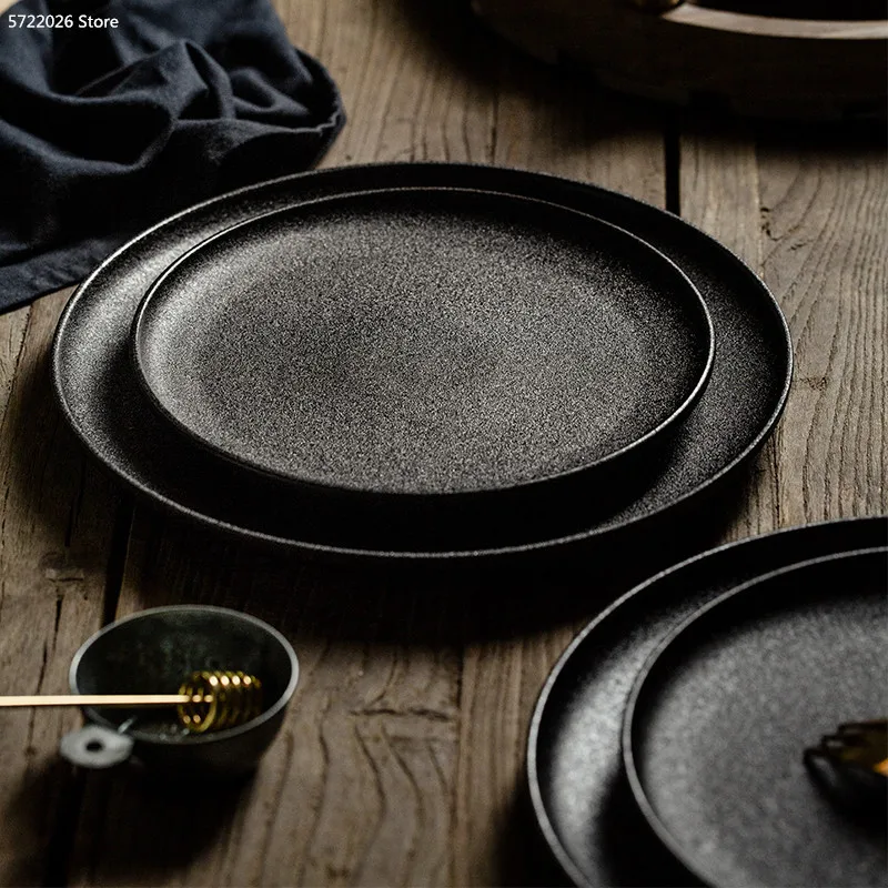

Steak Dinner Plate Western Food Ceramic Square Household Black Creative Japanese Breakfast Disc Beef Cutlery