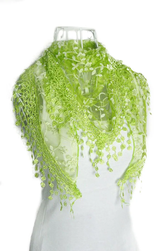 Женский шарф с кисточками кружевной треугольный цветочным принтом шифоновая