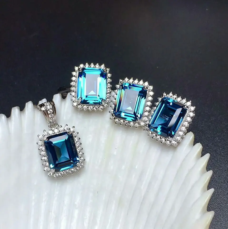 

MDINA Natural London Blue Topaz Gemstone Rectangle Jewelry Set 925 Pure Silver 3 Pieces Suit Wedding Jewelry for Women