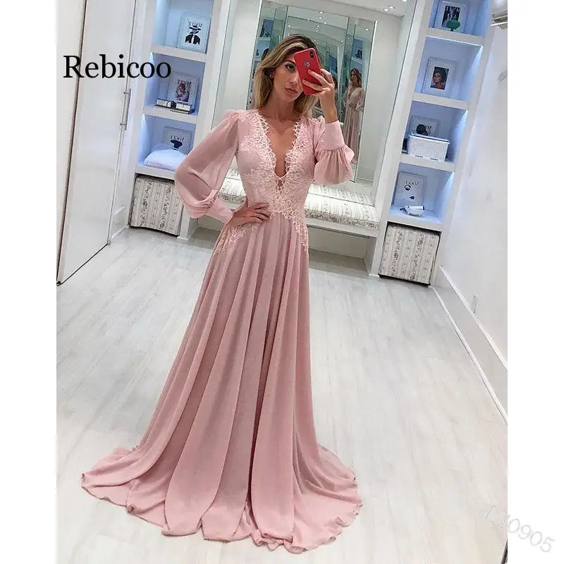 Женское шифоновое платье с длинным рукавом и V образным вырезом|Женские платья| |