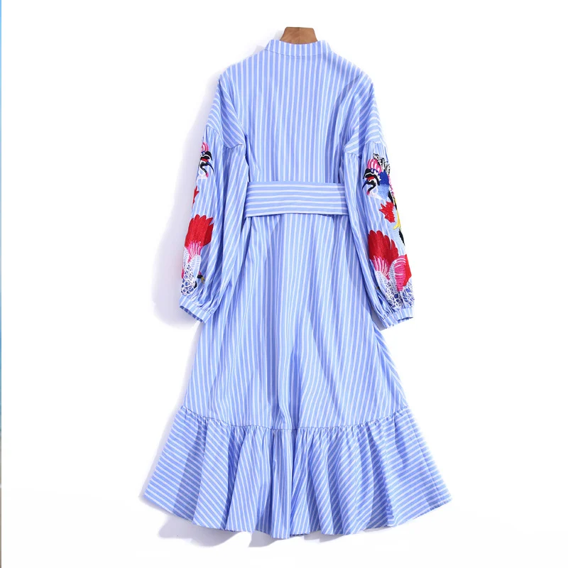 

High Quality Spring New Women'S Embroidery Lantern Sleeve Stripe Printing Fashion Party Vintage Elegant Gentlewoman Long Dress