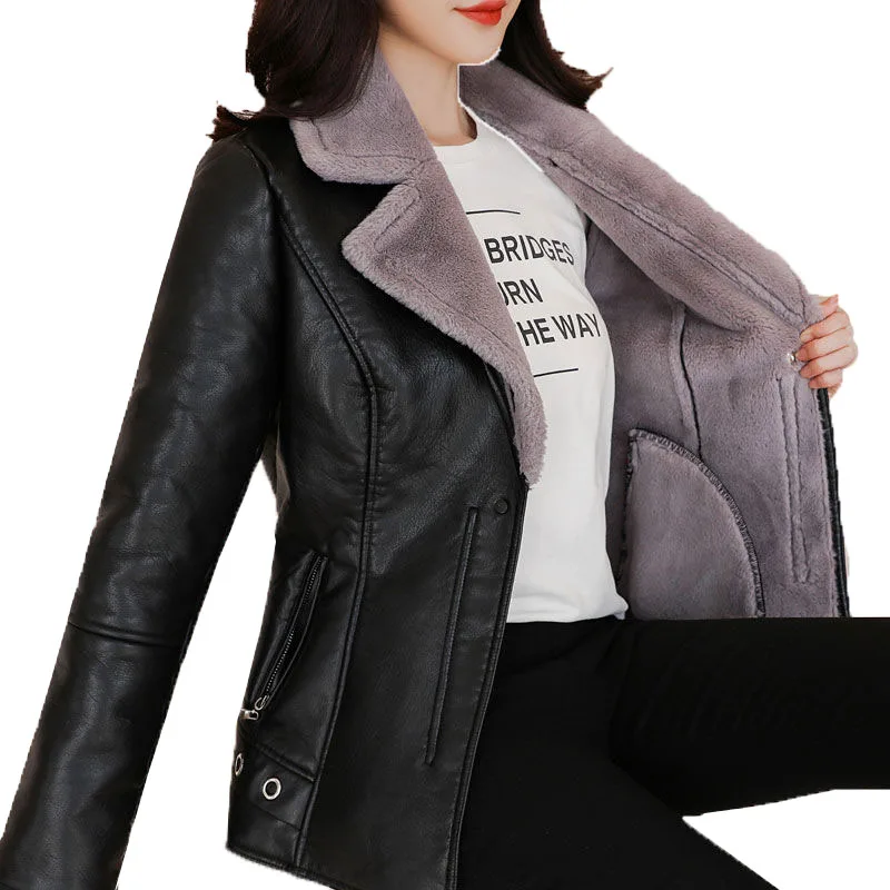 2021New Ladies Winter Leather Coat Thick Warm Lamb Hair  PU Leather Short Zippers Women's Jacket Outerwear Manteau Femme Hiver