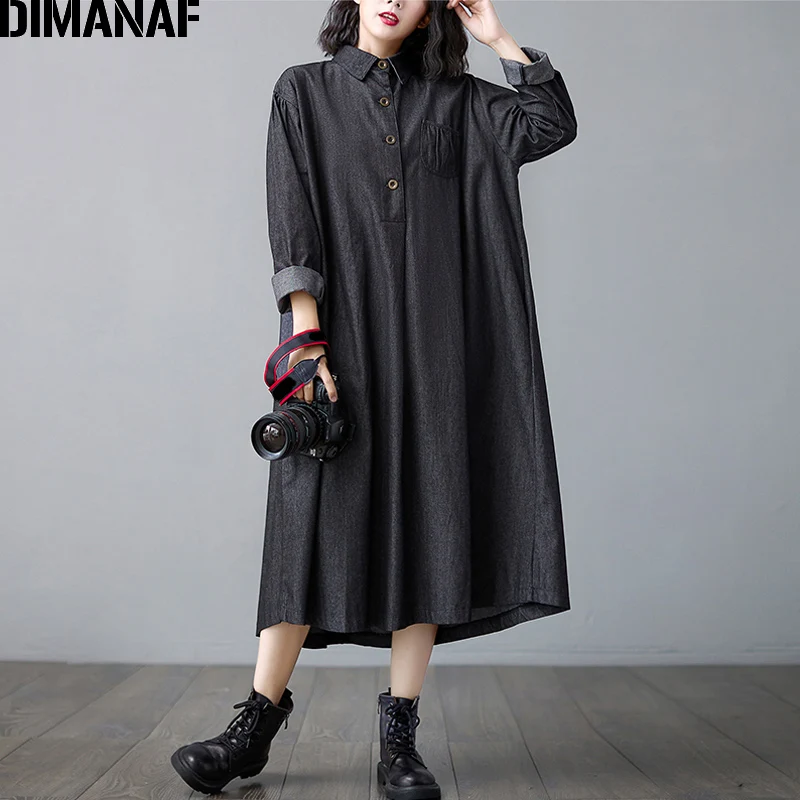 

Женское джинсовое платье DIMANAF, повседневное винтажное платье-рубашка из хлопка и денима с длинным рукавом, свободная одежда для осени и зимы