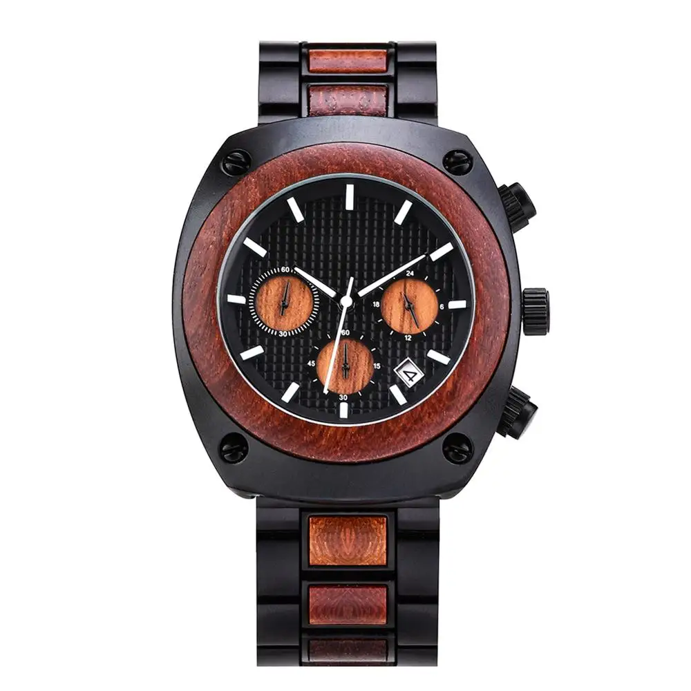 

BOBO BIRD Fashion Wood Watch Men Stopwatches Handmade Chronograph Auto Date Red Sandalwood Japan Movement Quartz Wristwatch