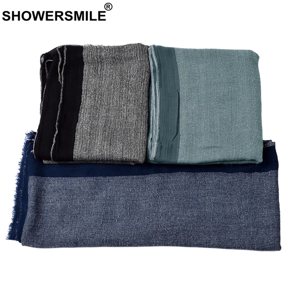 SHOWERSMILE, черный шарф из хлопка и льна, мужской длинный лоскутный шарф для мужчин, зимние мужские шарфы с кисточками, модные мужские аксессуары