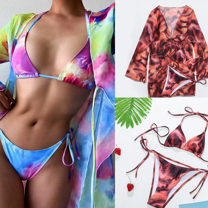 

Tie Dye Bikini 3 Piece Set Women Lace up Padded Bra And Panty Set Long Sleeve Cover up Blouse Sexy Swimsuit Beachwear