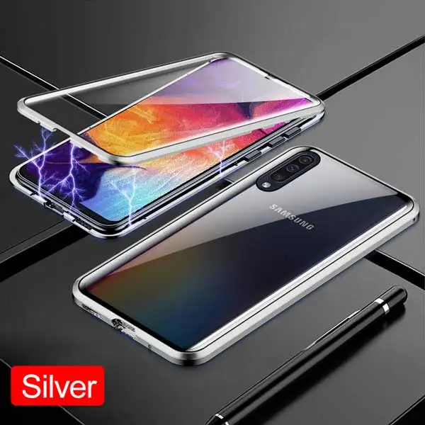 Silver Магнитный чехол для samsung Galaxy A50 A40 A30 A20 A10 A60 A70 M30 M20 M10 A7 металлический корпус закаленное Стекло задняя крышка - Цвет: Silver