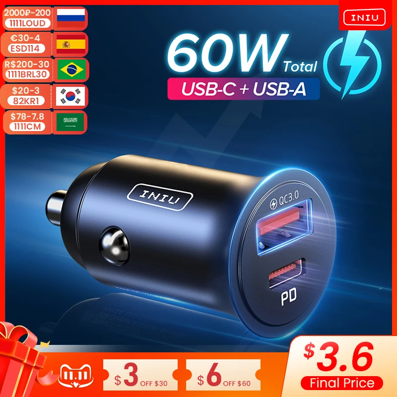 

Автомобильное зарядное устройство INIU USB 5 А Type C PD QC 30 Вт, адаптер для быстрой зарядки телефона для iPhone 13, 12, 11 Pro Max, 8, Xiaomi Samsung S21, S20, S10, S9