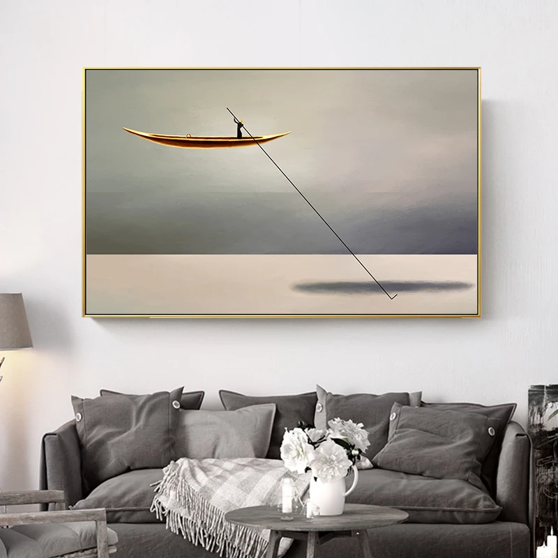 Абстрактная картина с изображением морской Золотой лодки винтажный постер в