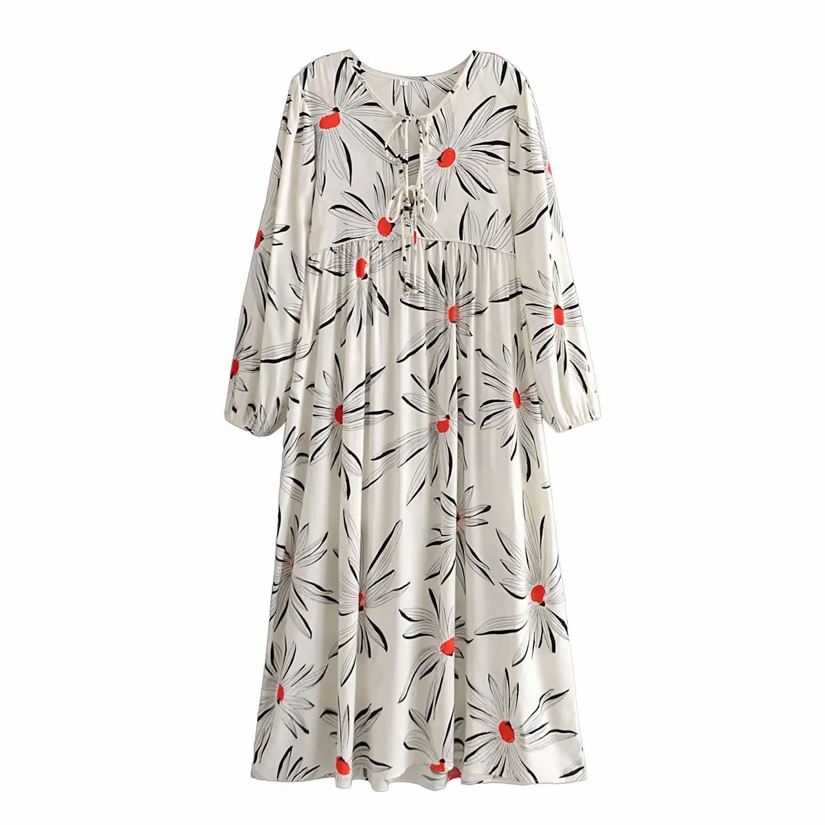 

2021 New Ladies Spring Lantern Full Sleeve Floral Print Dress Women Bow A Line Casual Lace Up Oversized Dresses