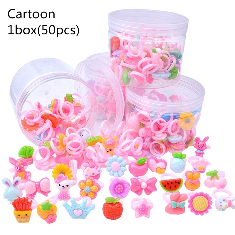 

1 Box 50PCS Adjustable Cartoon Rings For Girls Dress Up Accessories Party Kids T XX9E