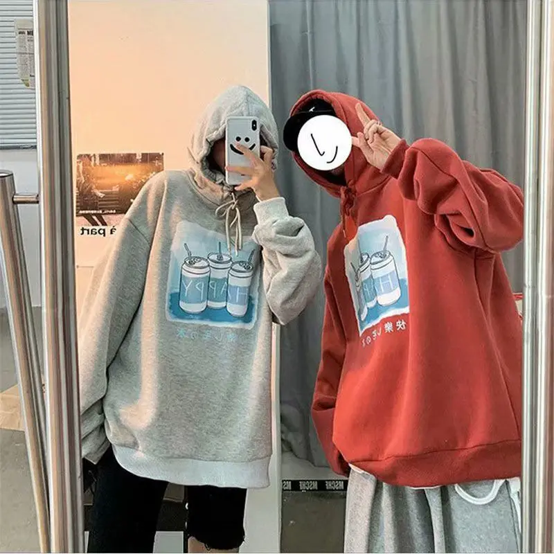 

Autumn and winter Korean version of ins plus velvet thick printing hooded sweater male and female students trend loose wild coup