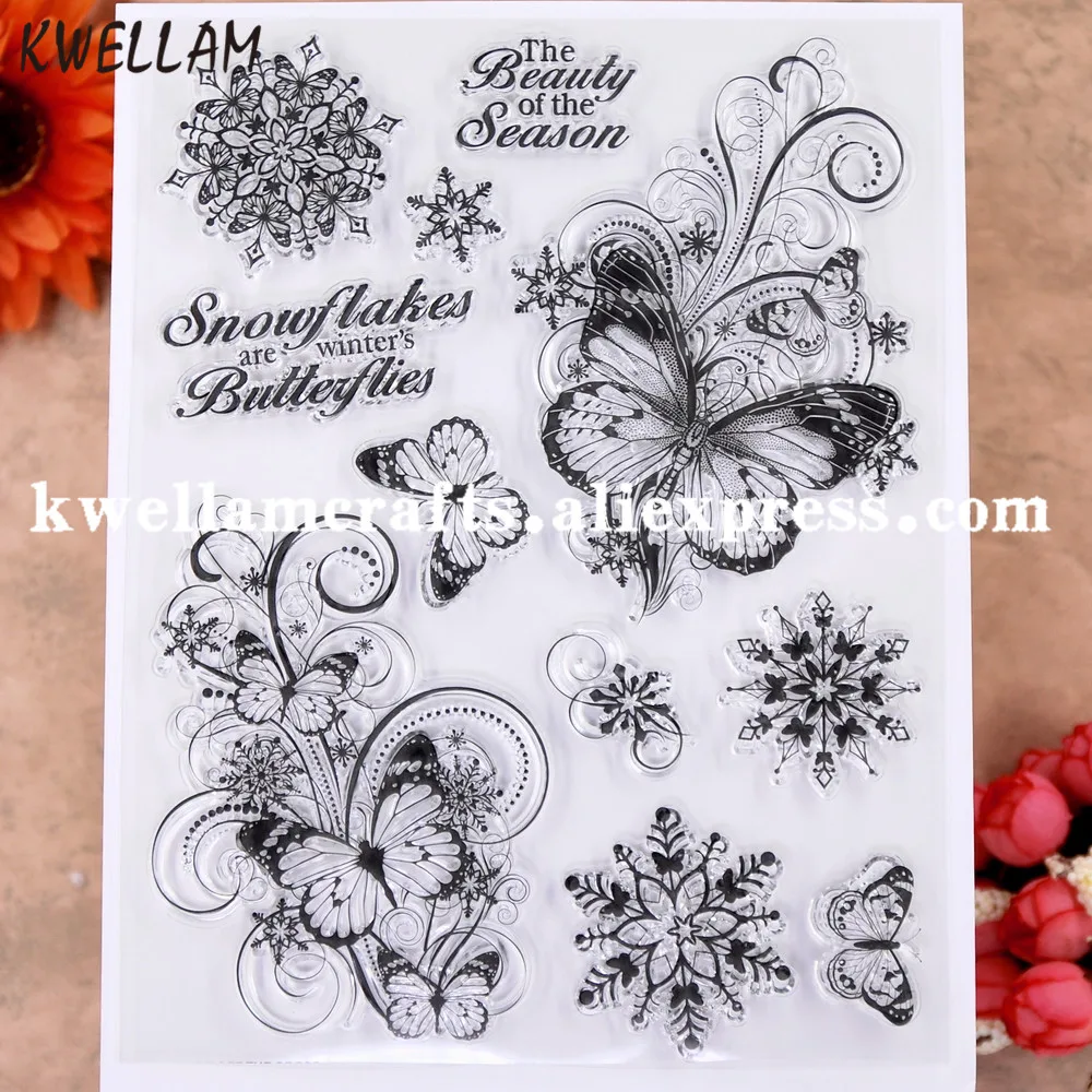 Счастливого Рождества снежинка зимние бабочки скрапбук фото карты резиновый