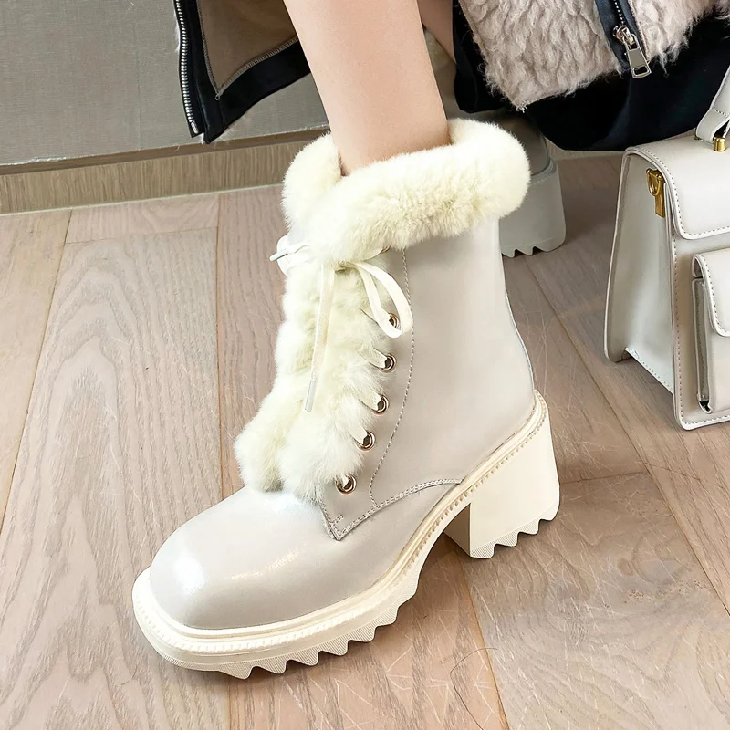 

Leather Fashion Lace Up Plush Waterproof Snow Shoes Women's Casual Botas Mujer Warm Winter Boots