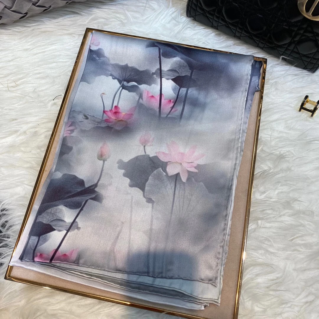 Bufanda de seda de loto de tinta de estilo chino para mujer, chal largo 2021 de seda Natural, pañuelos de cuello de color rosa y gris, 100% x 53cm, nuevo diseño 175
