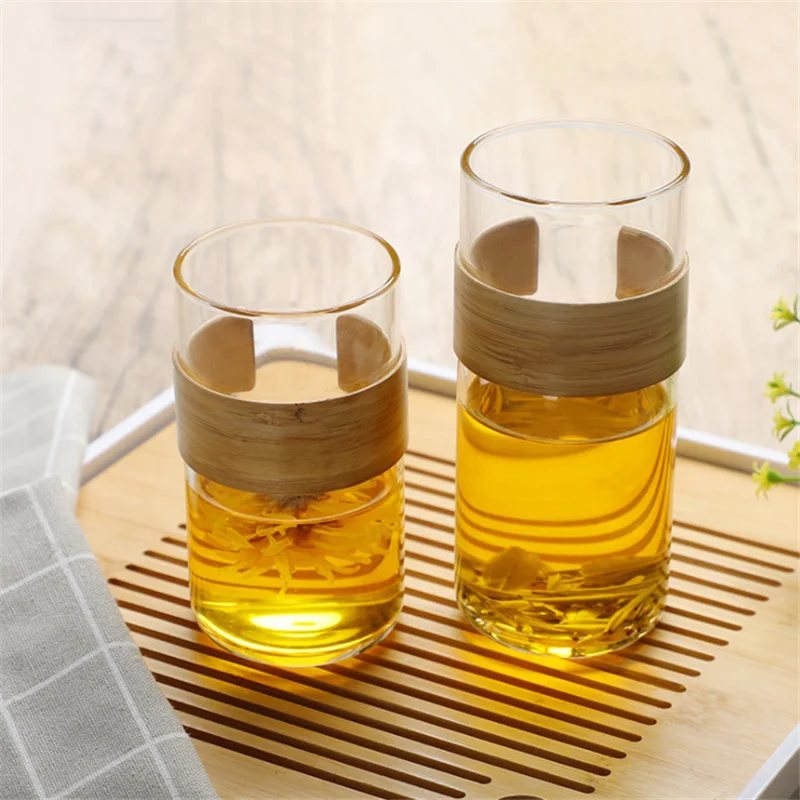 Прозрачная стеклянная чашка для воды с бамбуковым захватом термостойкая 300 мл 350