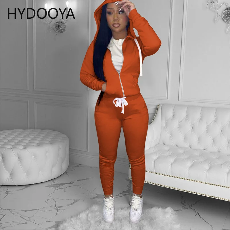 

Autumn Winter Women's Tracksuit Solid Two Piece Sport Suits Hooded Long Sleeve Zipper Jackets and Drawstring Trouser Co Ord Sets